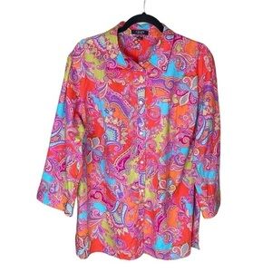 Chaps Ralph Lauren Bright Colorful Paisley Button‎ Up Blouse 100% Cotton Size 2X